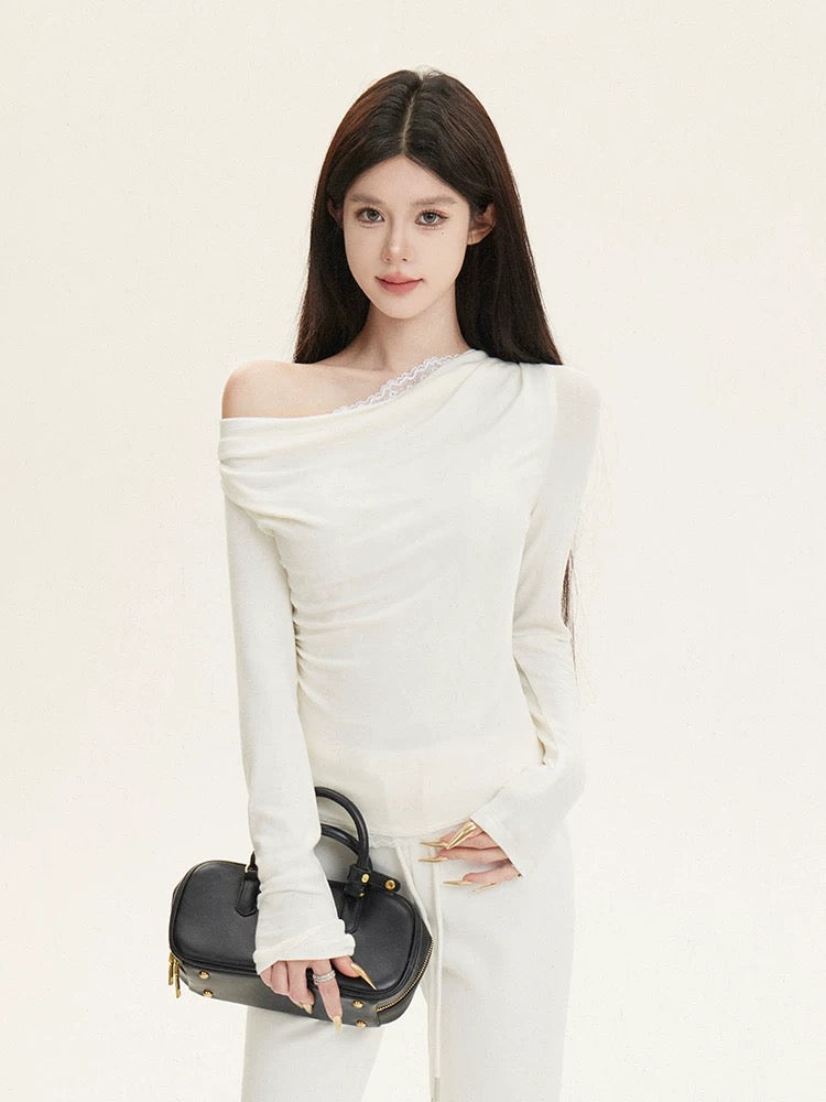 cchun Junko white lace knitted swing collar bottoming shirt fake two pieces with pure desire slim fit top