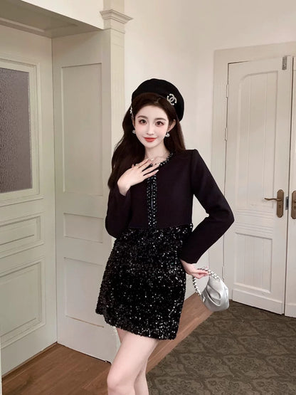 Shenzhen Nanyou European niche design light luxury studded top heavy industry sequin skirt petite suit black autumn