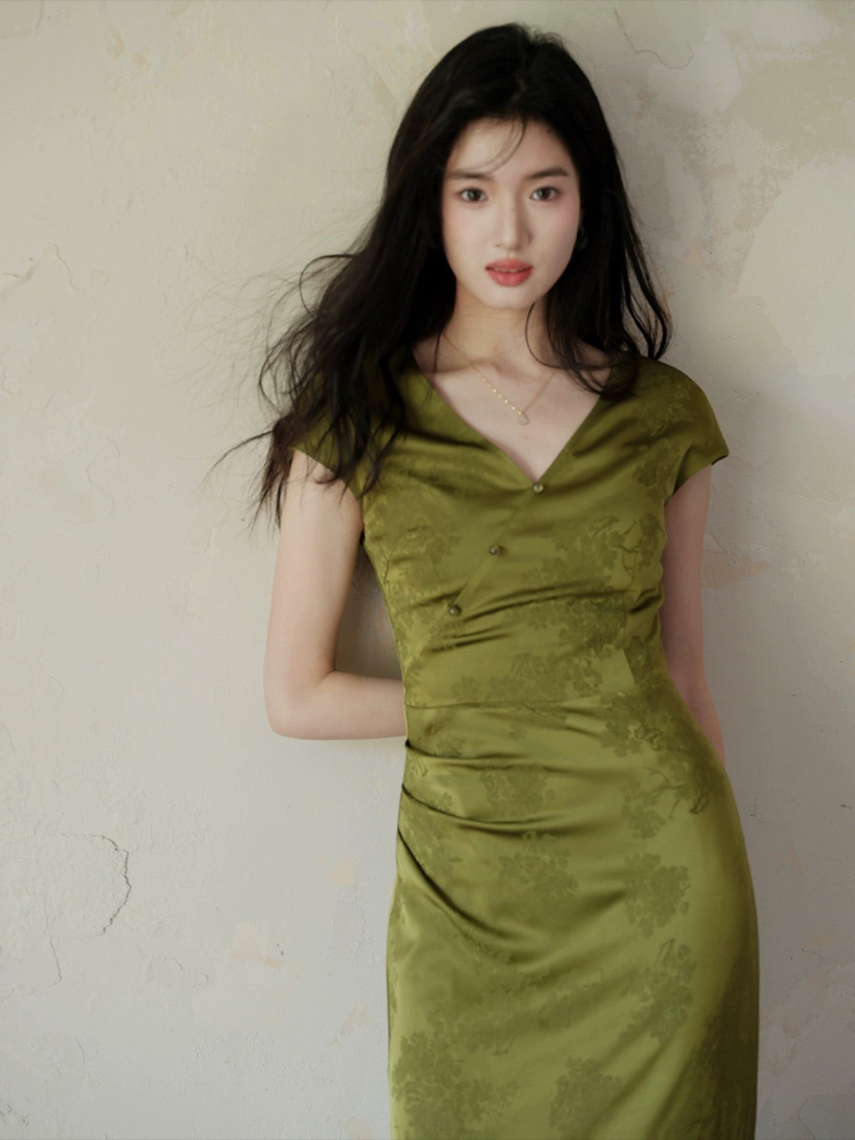 TYANG [Tu Shanqing] Chinese style new Chinese style green white long beaded cheongsam dress for women summer