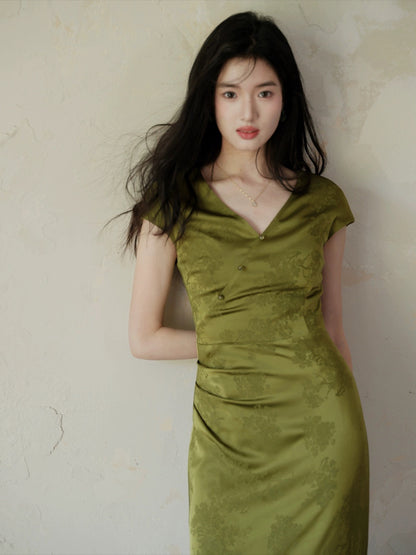 TYANG [Tu Shanqing] Chinese style new Chinese style green white long beaded cheongsam dress for women summer