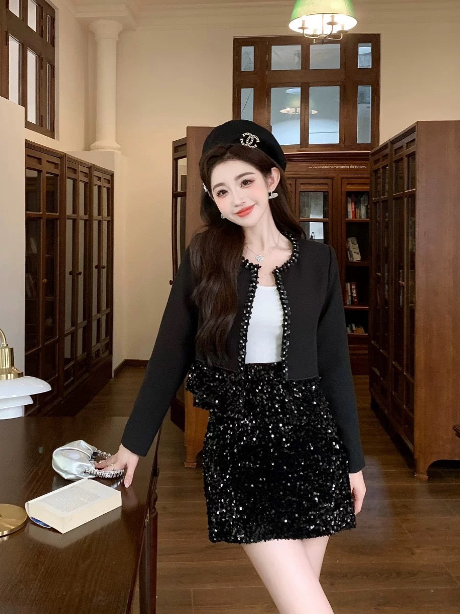 Shenzhen Nanyou European niche design light luxury studded top heavy industry sequin skirt petite suit black autumn