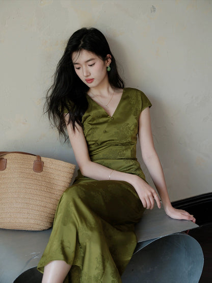 TYANG [Tu Shanqing] Chinese style new Chinese style green white long beaded cheongsam dress for women summer