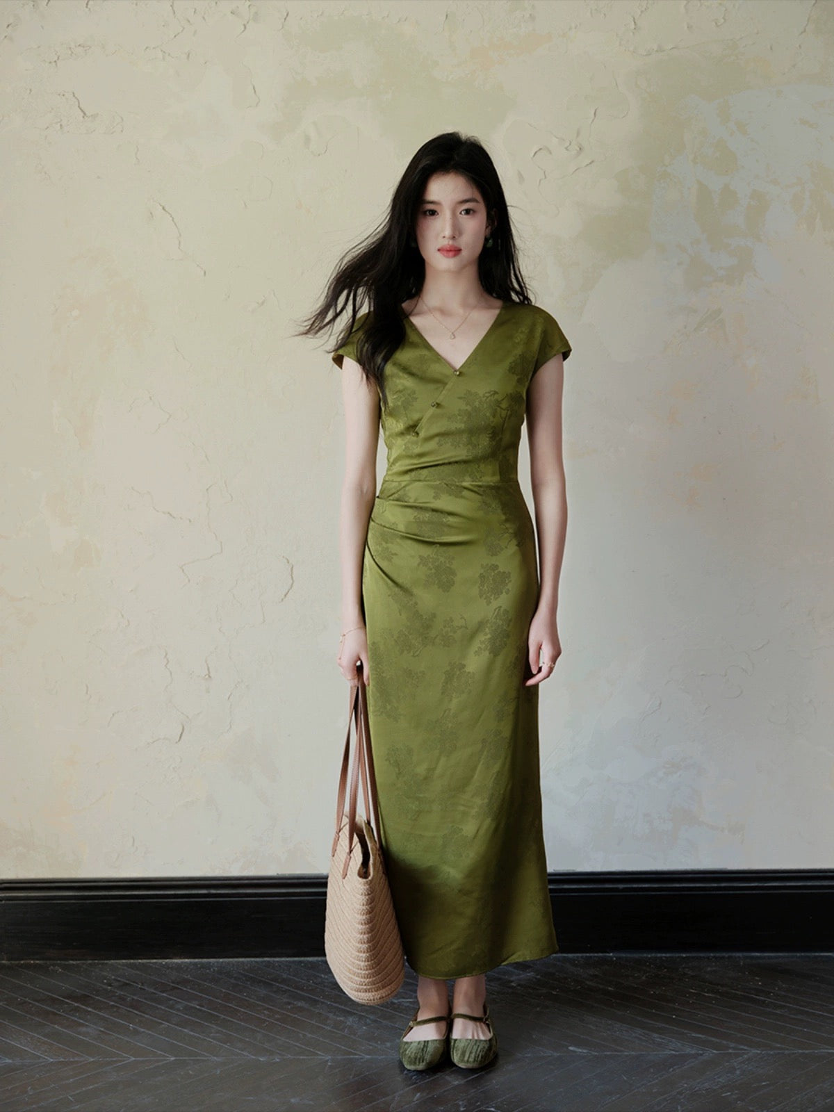 TYANG [Tu Shanqing] Chinese style new Chinese style green white long beaded cheongsam dress for women summer