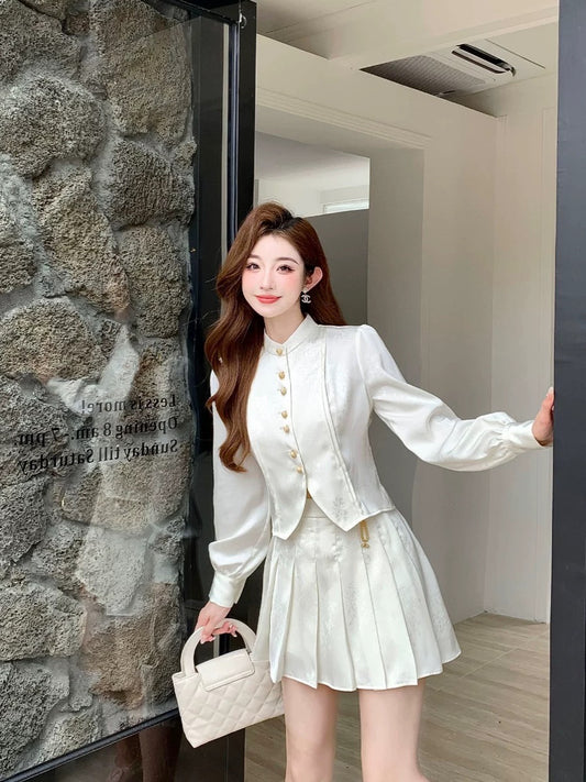 Nanyou European product, elegant, retro and exquisite design, niche jacquard top, high-waisted pleated skirt suit, looks slimming in autumn