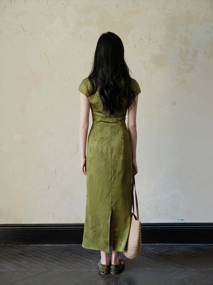 TYANG [Tu Shanqing] Chinese style new Chinese style green white long beaded cheongsam dress for women summer