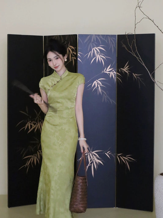 TYANG Design [Mist Blue] Chinese style new Chinese style slim fit fishtail jacquard satin cheongsam