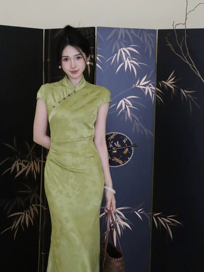 TYANG Design [Mist Blue] Chinese style new Chinese style slim fit fishtail jacquard satin cheongsam