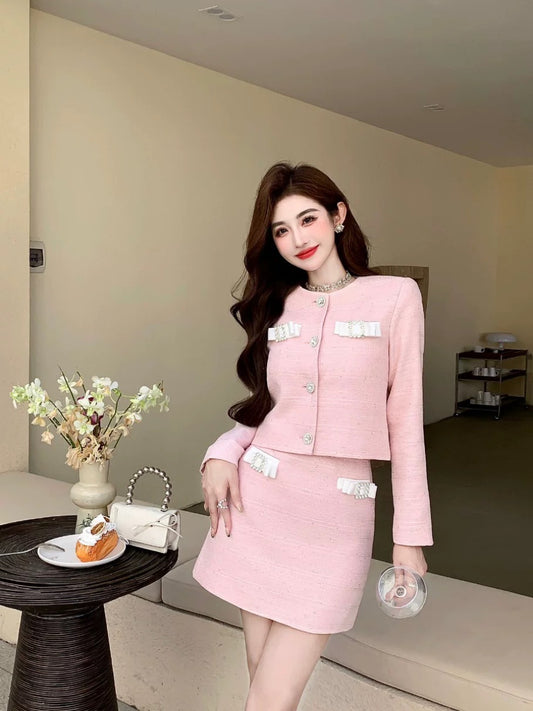 Early spring new style Shenzhen Nanyou high-end women's clothing celebrity small fragrance contrasting color bow pink suit skirt petite