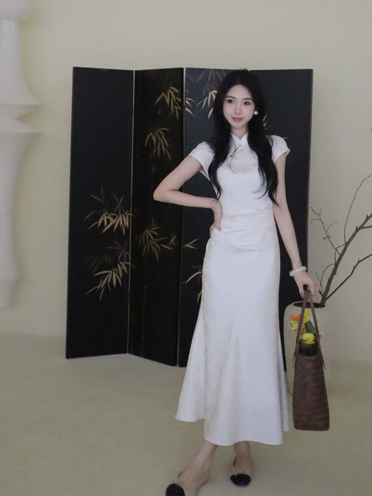TYANG Design [Mist Blue] Chinese style new Chinese style slim fit fishtail jacquard satin cheongsam