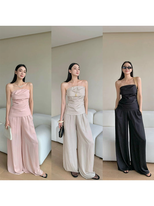 Zhou Miao ZHOUMIAO Design pleated slim tube top elastic waist loose wide leg trousers casual suit for women