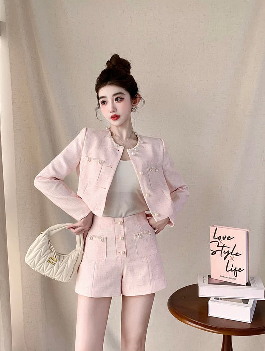 Early spring Nanyou niche design high-end hand-beaded short top shorts lady style petite suit for women