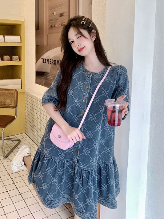 Blue printed denim dress for women 2024 summer new Korean style fashionable and age-reducing small A-line skirt