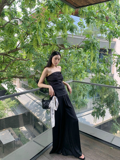 Zhou Miao ZHOUMIAO Design pleated slim tube top elastic waist loose wide leg trousers casual suit for women