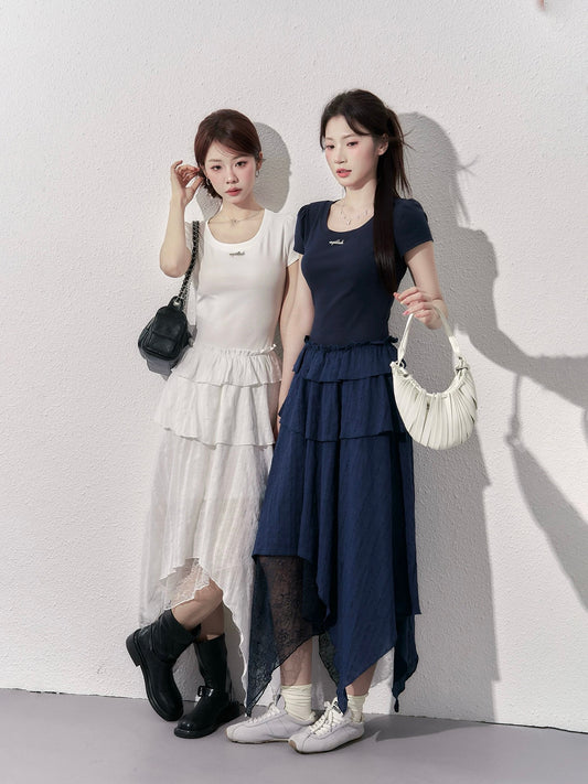 A little wild berry French temperament white dress for women in summer high-end irregular waist slimming short-sleeved long dress