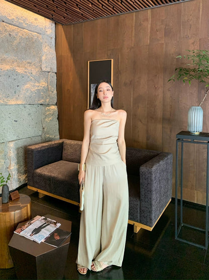 Zhou Miao ZHOUMIAO Design pleated slim tube top elastic waist loose wide leg trousers casual suit for women