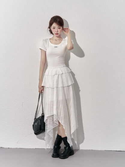 A little wild berry French temperament white dress for women in summer high-end irregular waist slimming short-sleeved long dress
