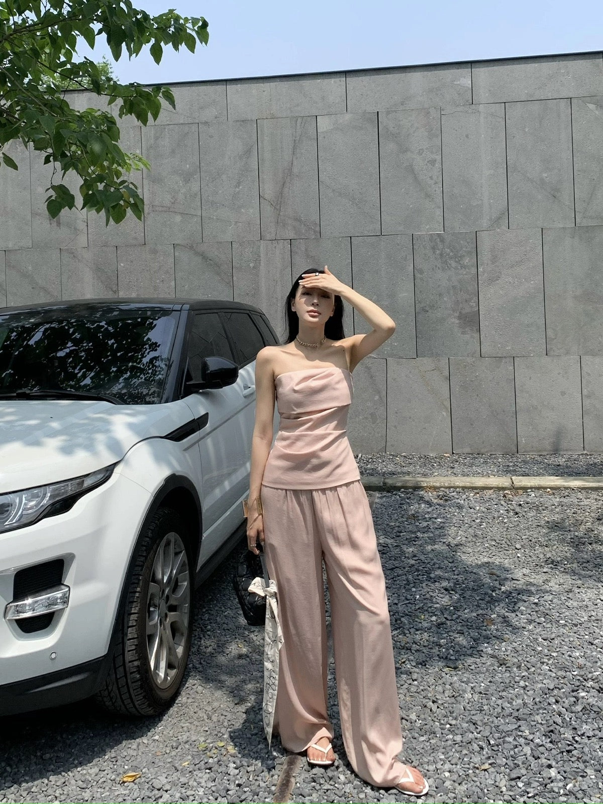 Zhou Miao ZHOUMIAO Design pleated slim tube top elastic waist loose wide leg trousers casual suit for women