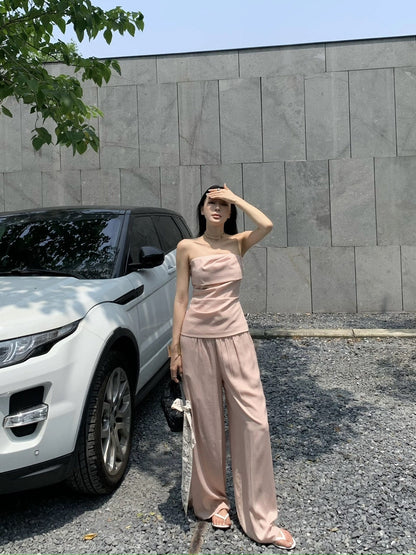 Zhou Miao ZHOUMIAO Design pleated slim tube top elastic waist loose wide leg trousers casual suit for women