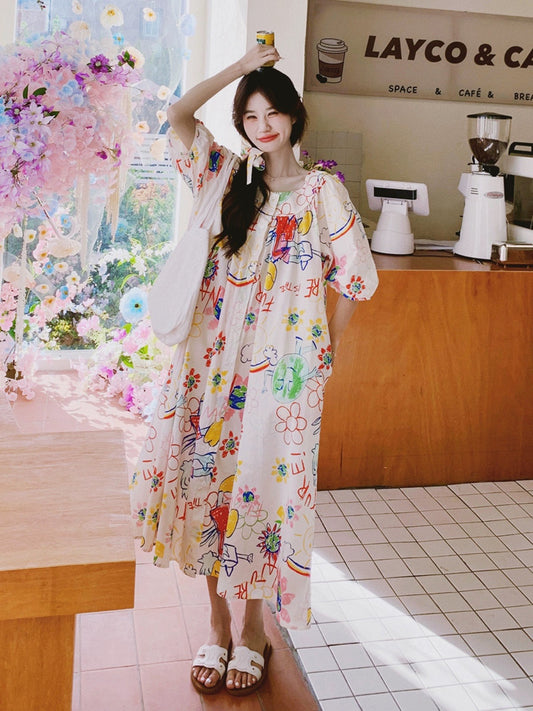 Korean loose graffiti print dress summer women 024 new sweet age-reducing college style niche long A-line skirt