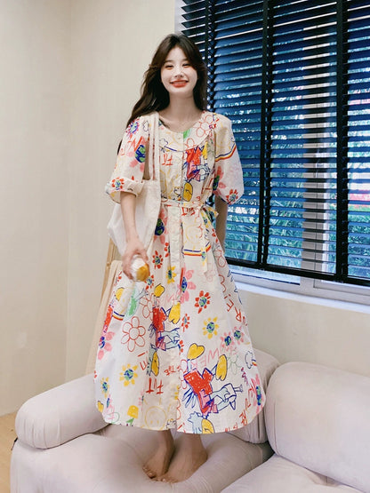 Korean loose graffiti print dress summer women 024 new sweet age-reducing college style niche long A-line skirt