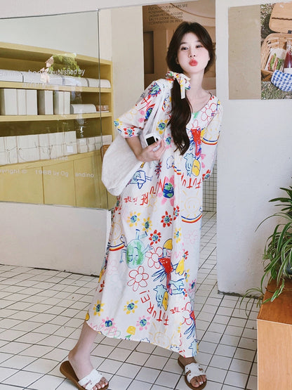 Korean loose graffiti print dress summer women 024 new sweet age-reducing college style niche long A-line skirt