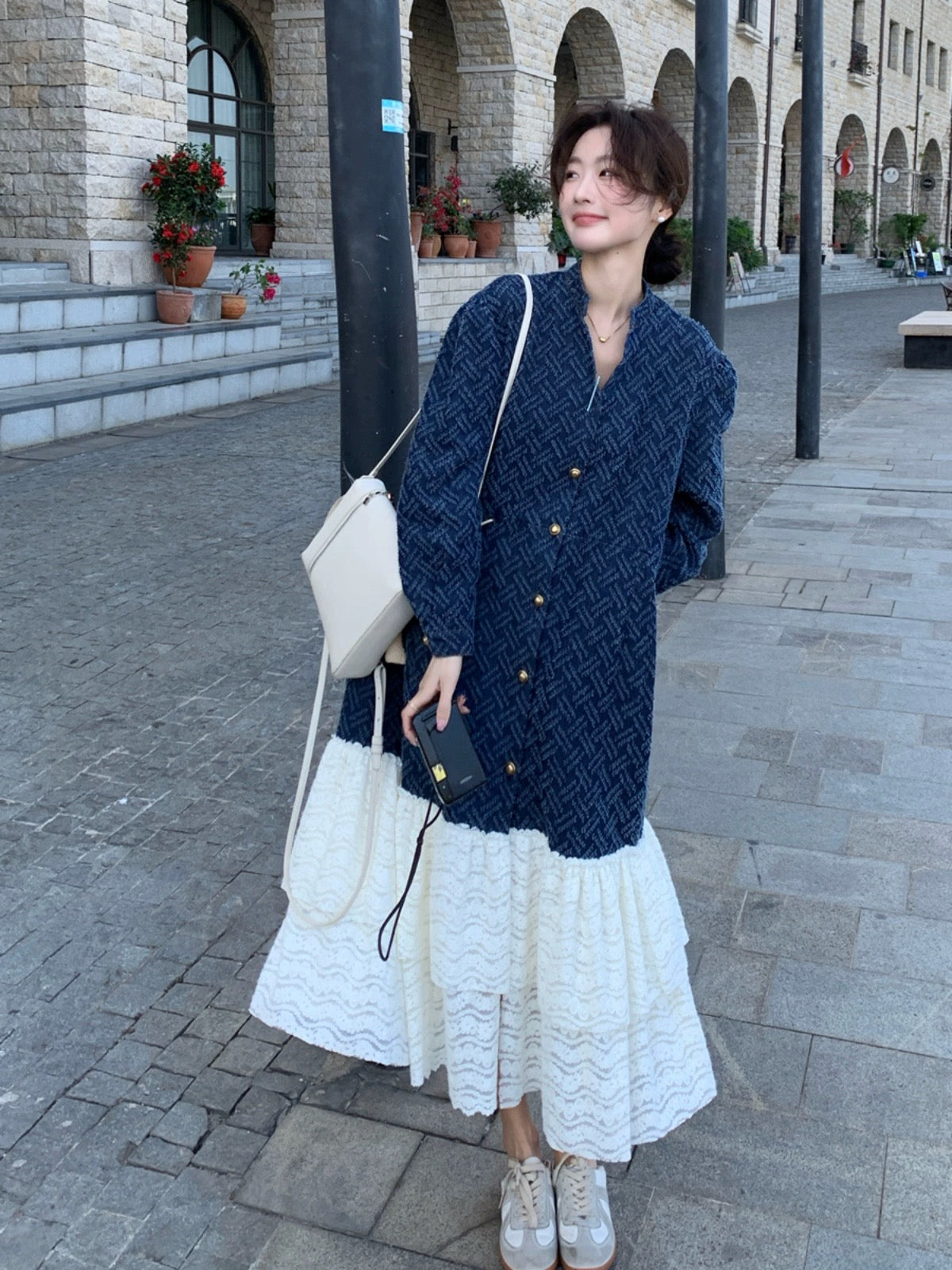 Retro jacquard denim dress spring and autumn women's 2024 new French high-end V-neck lace splicing long skirt