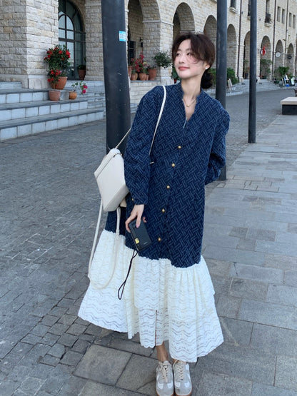 Retro jacquard denim dress spring and autumn women's 2024 new French high-end V-neck lace splicing long skirt
