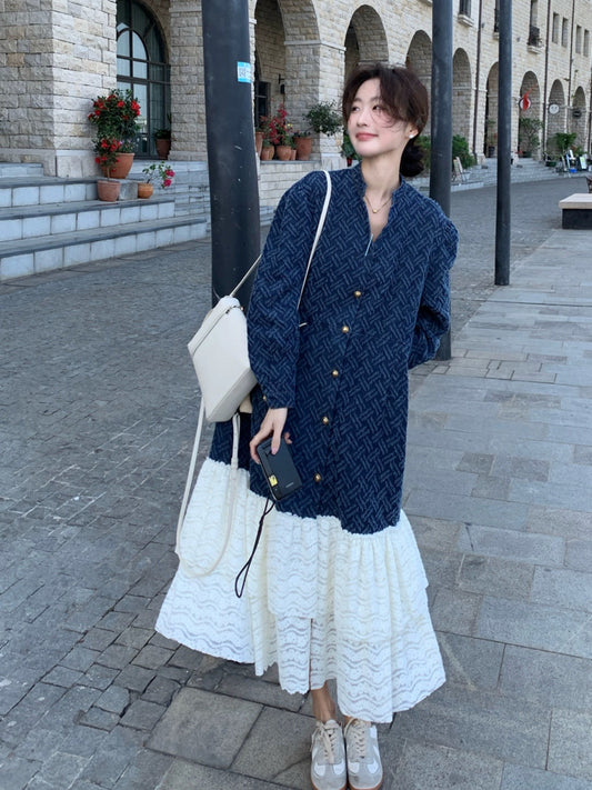 Retro jacquard denim dress spring and autumn women's 2024 new French high-end V-neck lace splicing long skirt