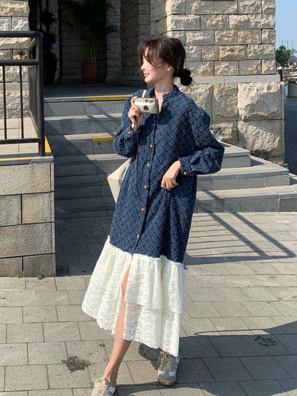 Retro jacquard denim dress spring and autumn women's 2024 new French high-end V-neck lace splicing long skirt
