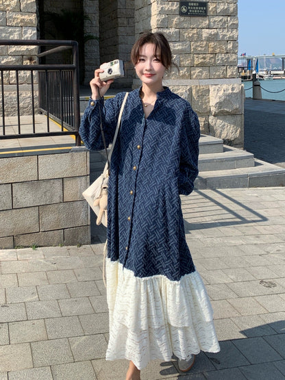 Retro jacquard denim dress spring and autumn women's 2024 new French high-end V-neck lace splicing long skirt