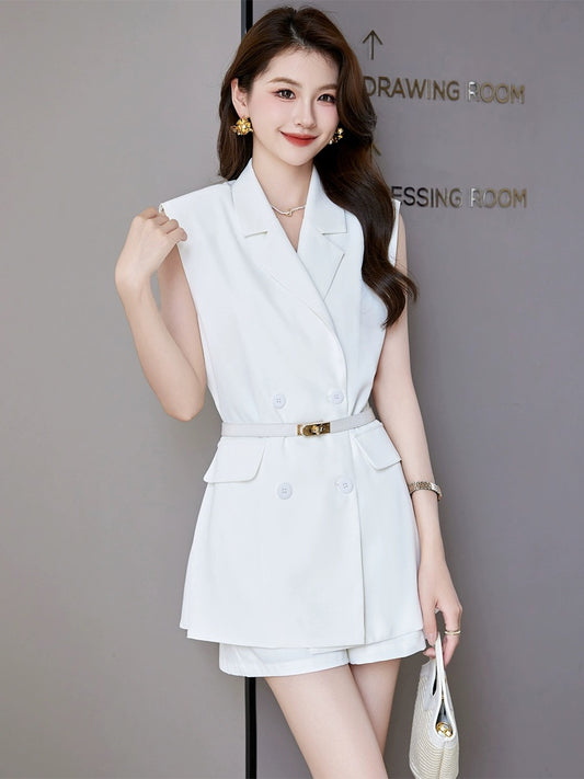 Sleeveless thin suit shorts suit for women 2024 summer new fashion temperament goddess style big-name professional two-piece set