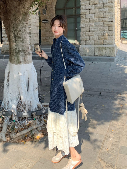 Retro jacquard denim dress spring and autumn women's 2024 new French high-end V-neck lace splicing long skirt