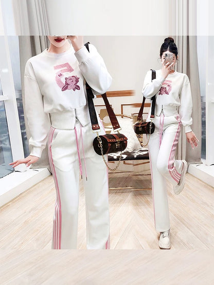 Casual sports suits for women 2024 new two-piece trendy tops and trousers white sweatshirt suits for women in autumn and winter