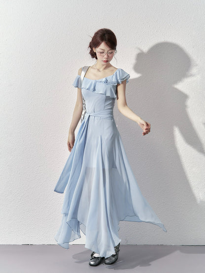 A little wild berry French temperament dress for women summer 2025 new sweet off-shoulder oblique collar waist slim long dress