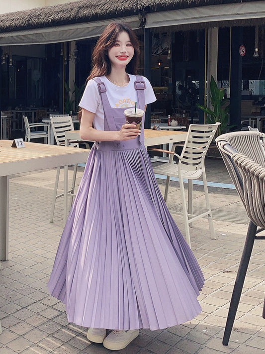 Pink and purple sweet age-reducing suspender skirt women's long 2024 summer new high-waist slim college pleated dress