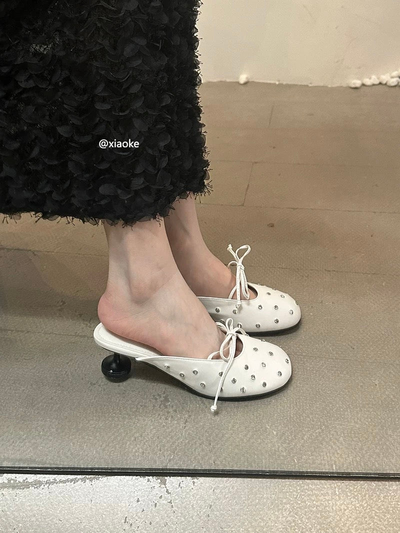 2025 Summer New Style Stiletto Mules with Bow and Rhinestones, French Chic, Round Toe