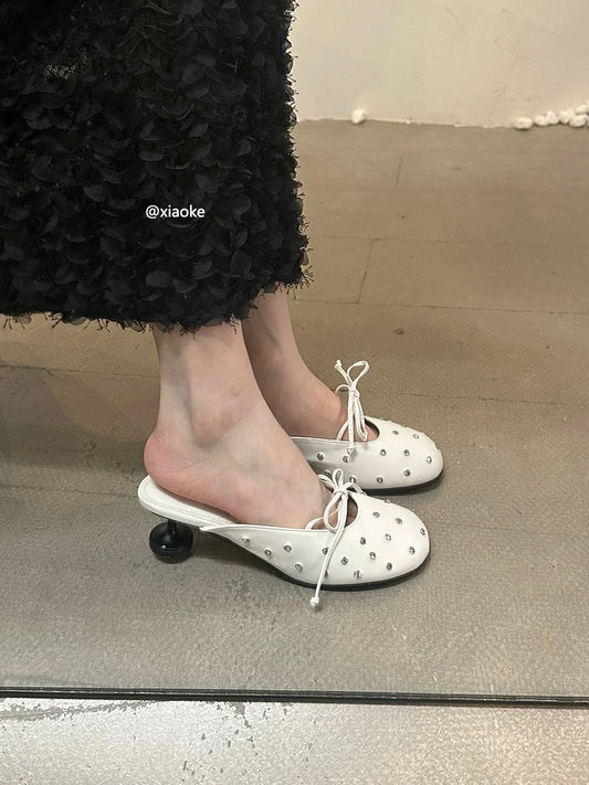 2025 Summer New Style Stiletto Mules with Bow and Rhinestones, French Chic, Round Toe