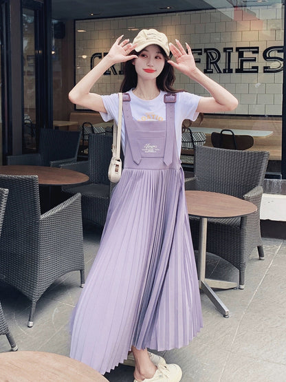 Pink and purple sweet age-reducing suspender skirt women's long 2024 summer new high-waist slim college pleated dress
