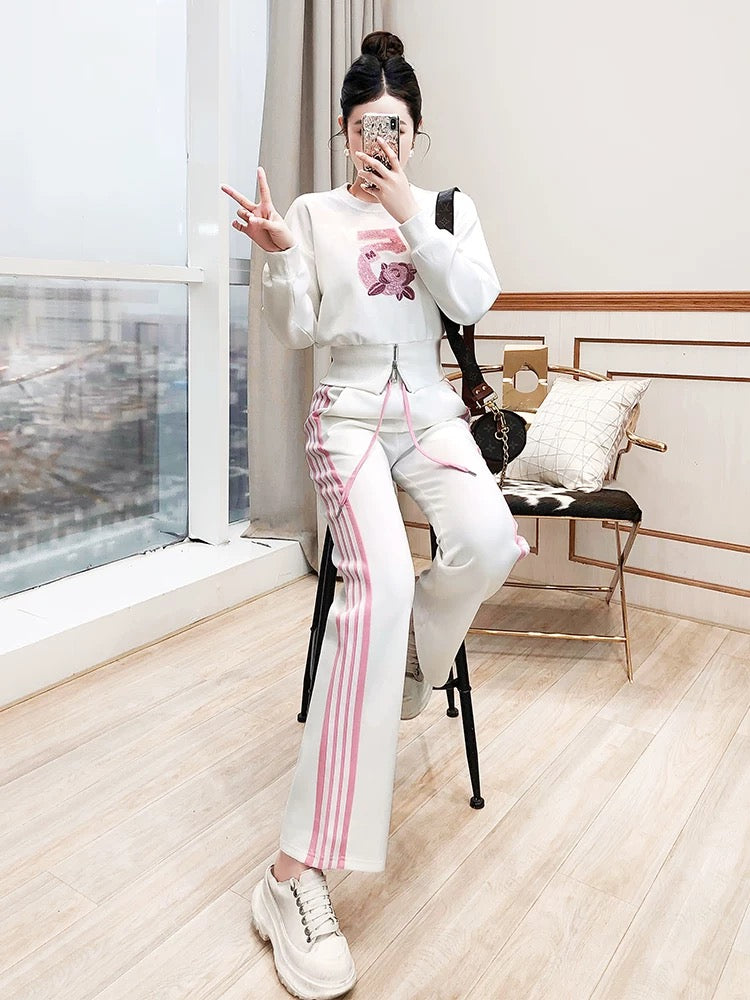 Casual sports suits for women 2024 new two-piece trendy tops and trousers white sweatshirt suits for women in autumn and winter