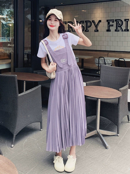 Pink and purple sweet age-reducing suspender skirt women's long 2024 summer new high-waist slim college pleated dress