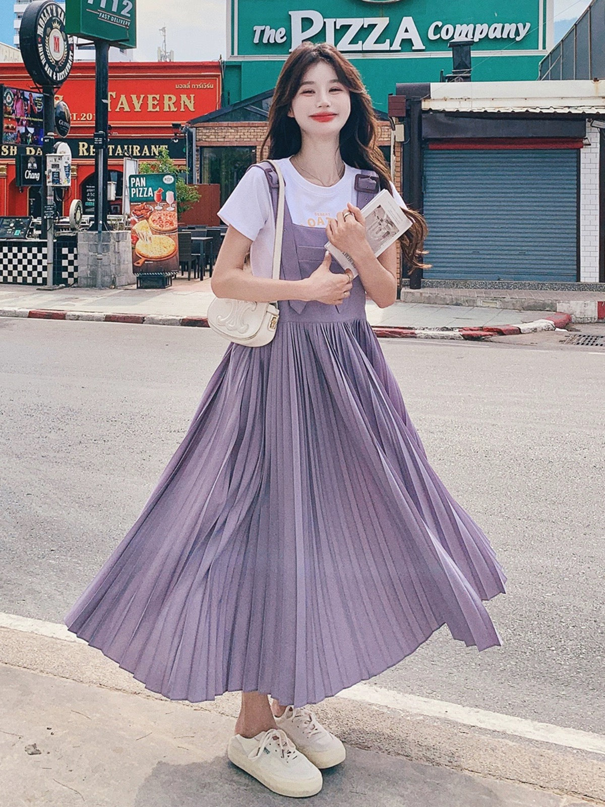 Pink and purple sweet age-reducing suspender skirt women's long 2024 summer new high-waist slim college pleated dress