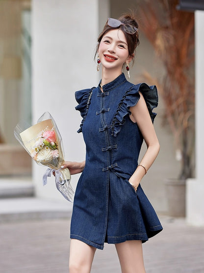 New Chinese style national style denim suit for women 2024 summer new fashion retro disc buckle small flying sleeve shorts two-piece set