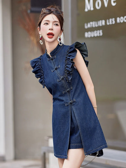 New Chinese style national style denim suit for women 2024 summer new fashion retro disc buckle small flying sleeve shorts two-piece set
