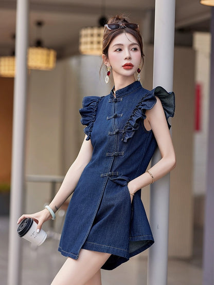 New Chinese style national style denim suit for women 2024 summer new fashion retro disc buckle small flying sleeve shorts two-piece set