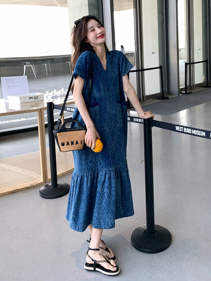 Blue V-neck design dress summer women's 2024 new Korean style loose fi –  Lee Nhi Boutique
