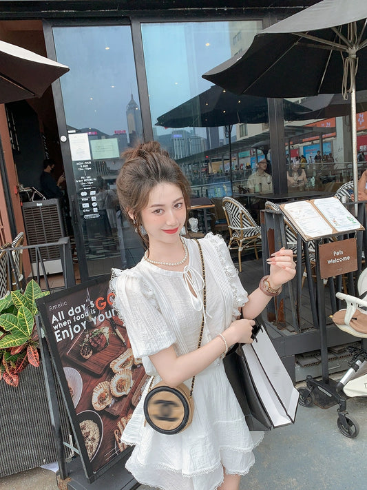 Fish Rabbit's Rabbit Round Neck Summer Sweet Double Layer Cake Skirt White Age Reducing Dress Short Sleeve Suit for Women