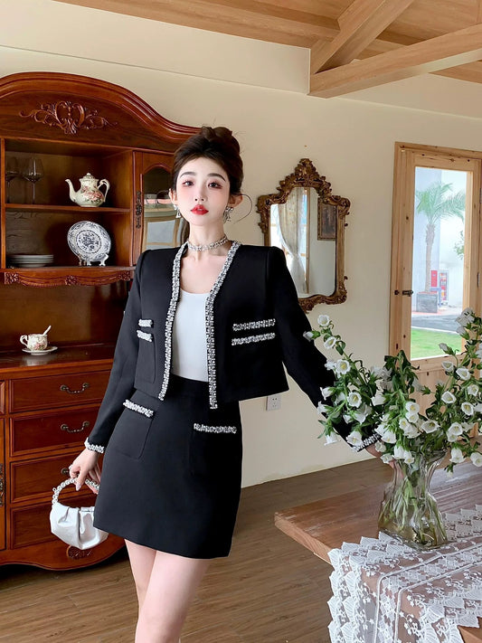 Shenzhen designer niche light luxury royal sister two-piece set small fragrant lady beaded jacket A-line skirt suit autumn