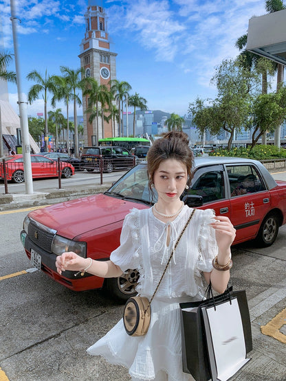 Fish Rabbit's Rabbit Round Neck Summer Sweet Double Layer Cake Skirt White Age Reducing Dress Short Sleeve Suit for Women
