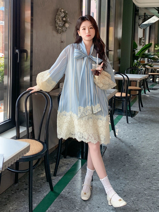 French lace splicing dress spring and autumn women's 2024 new high-end puff sleeve bow mid-length A-line skirt