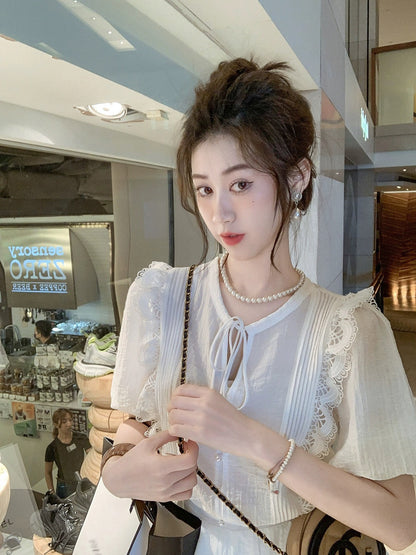 Fish Rabbit's Rabbit Round Neck Summer Sweet Double Layer Cake Skirt White Age Reducing Dress Short Sleeve Suit for Women